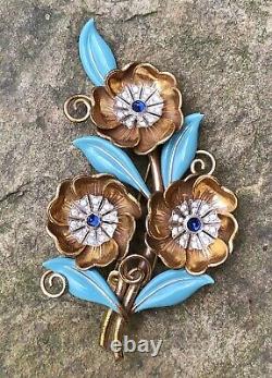 VTG 1940s CROWN TRIFARI Alfred Philippe FRENCH BLUE ENAMEL & Rhnstne FUR CLIP