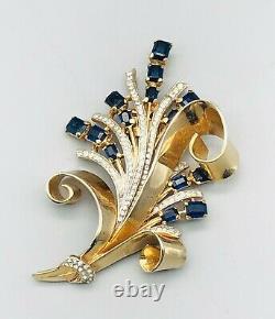 VTG 40s TRIFARI ALFRED PHILIPPE STERLING & Dark BLUE DECO FLORAL SPRAY-LARGE