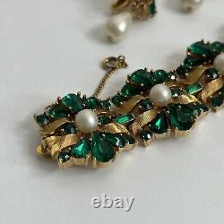 VTG ALFRED PHILIPPE TRIFARI Emerald Green Pearl Rhinestone Gold Ribbon BRACELET