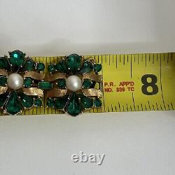 VTG ALFRED PHILIPPE TRIFARI Emerald Green Pearl Rhinestone Gold Ribbon BRACELET