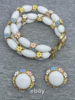 VTG Alfred Philippe CROWN TRIFARI Enamel Flowers Bracelet Clip On Earrings Set
