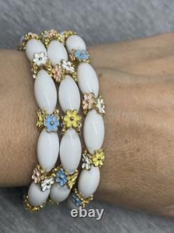 VTG Alfred Philippe CROWN TRIFARI Enamel Flowers Bracelet Clip On Earrings Set