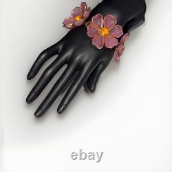 VTG Alfred Philippe Crown Trifari Poured Pink Glass 3large Flowers Bracelet 6.4