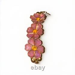 VTG Alfred Philippe Crown Trifari Poured Pink Glass 3large Flowers Bracelet 6.4