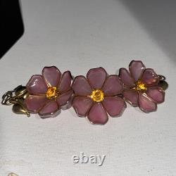 VTG Alfred Philippe Crown Trifari Poured Pink Glass 3large Flowers Bracelet 6.4