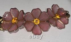 VTG Alfred Philippe Crown Trifari Poured Pink Glass 3large Flowers Bracelet 6.4