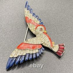 VTG Alfred Philippe Crown Trifari Red Blue Bird Brooch Patriotic Parrot AS IS