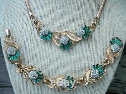 VTG. Alfred Philippe Trifari Crown Green Rhinestone Necklace & Bracelet Set RARE