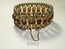 VTG Crown Trifari Alfred Philippe Amber Glass Rhinestones Faux Pearls Bracelet