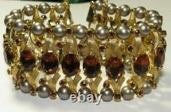 VTG Crown Trifari Alfred Philippe Amber Glass Rhinestones Faux Pearls Bracelet