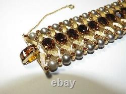 VTG Crown Trifari Alfred Philippe Amber Glass Rhinestones Faux Pearls Bracelet