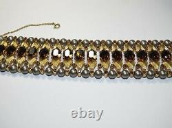 VTG Crown Trifari Alfred Philippe Amber Glass Rhinestones Faux Pearls Bracelet