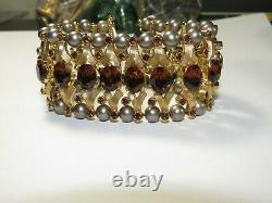 VTG Crown Trifari Alfred Philippe Amber Glass Rhinestones Faux Pearls Bracelet