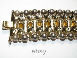 VTG Crown Trifari Alfred Philippe Amber Glass Rhinestones Faux Pearls Bracelet