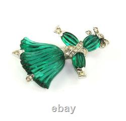 VTG Crown Trifari Alfred Philippe Tom Tom Pom Pom Emerald Rhinestone Brooch Set