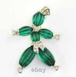 VTG Crown Trifari Alfred Philippe Tom Tom Pom Pom Emerald Rhinestone Brooch Set