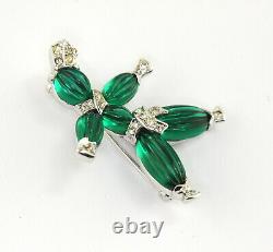 VTG Crown Trifari Alfred Philippe Tom Tom Pom Pom Emerald Rhinestone Brooch Set