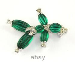 VTG Crown Trifari Alfred Philippe Tom Tom Pom Pom Emerald Rhinestone Brooch Set