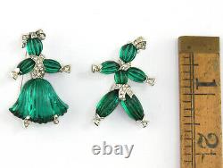 VTG Crown Trifari Alfred Philippe Tom Tom Pom Pom Emerald Rhinestone Brooch Set