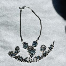 VTG Crown Trifari Blue 5-Petal Necklace, Bracelet & Earring Set Alfred Philippe