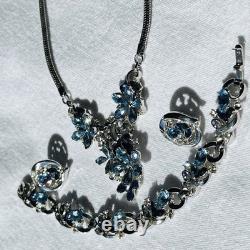 VTG Crown Trifari Blue 5-Petal Necklace, Bracelet & Earring Set Alfred Philippe