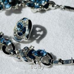 VTG Crown Trifari Blue 5-Petal Necklace, Bracelet & Earring Set Alfred Philippe