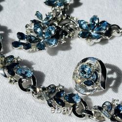 VTG Crown Trifari Blue 5-Petal Necklace, Bracelet & Earring Set Alfred Philippe