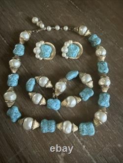 VTG Crown Trifari Caravan Green Thermoset Lucite Faux Malachite Necklace Set