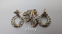 VTG Crown Trifari Goldtone Rhinestone Crown Design Pin/Earrings Alfred Philippe