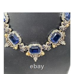 VTG Signed Crown Trifari Alfred Philippe Sapphire Glass Rhinestone Necklace READ