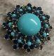 VTG Signed Trifari Crown Faux Turquoise & Sapphire Brooch Alfred Philipp READ