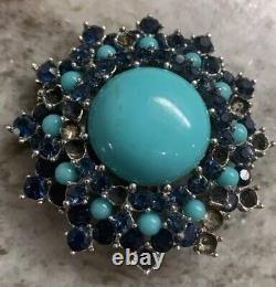 VTG Signed Trifari Crown Faux Turquoise & Sapphire Brooch Alfred Philipp READ