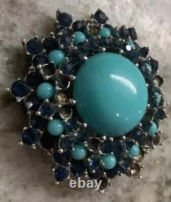 VTG Signed Trifari Crown Faux Turquoise & Sapphire Brooch Alfred Philipp READ