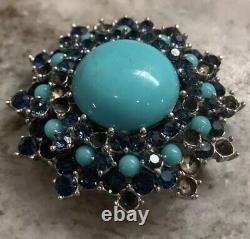 VTG Signed Trifari Crown Faux Turquoise & Sapphire Brooch Alfred Philipp READ