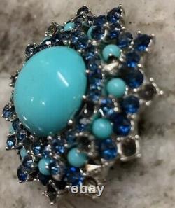 VTG Signed Trifari Crown Faux Turquoise & Sapphire Brooch Alfred Philipp READ