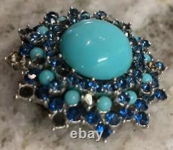 VTG Signed Trifari Crown Faux Turquoise & Sapphire Brooch Alfred Philipp READ