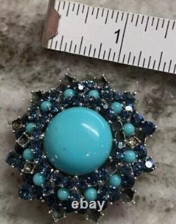 VTG Signed Trifari Crown Faux Turquoise & Sapphire Brooch Alfred Philipp READ