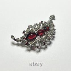 VTG TRIFARI'Alfred Philippe' Pave Ruby Cabochon and Red Enamel Leaf Pin Clip