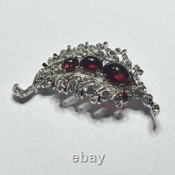 VTG TRIFARI'Alfred Philippe' Pave Ruby Cabochon and Red Enamel Leaf Pin Clip