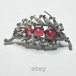 VTG TRIFARI'Alfred Philippe' Pave Ruby Cabochon and Red Enamel Leaf Pin Clip