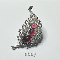 VTG TRIFARI'Alfred Philippe' Pave Ruby Cabochon and Red Enamel Leaf Pin Clip