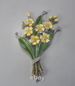 Vintage 1940 Trifari Pin Clip 3 Floral Yellow Green Enamel Rhinestones