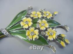 Vintage 1940 Trifari Pin Clip 3 Floral Yellow Green Enamel Rhinestones
