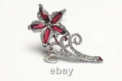 Vintage 1940's TRIFARI Alfred Philippe Rhodium Plated Red Crystal Flower Brooch