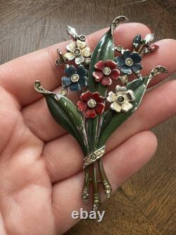 Vintage 1940's Trifari Alfred Philippe Multicolored Enamel Flower Fur Clip Nice