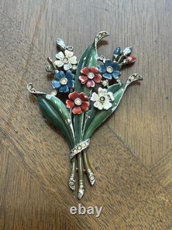Vintage 1940's Trifari Alfred Philippe Multicolored Enamel Flower Fur Clip Nice