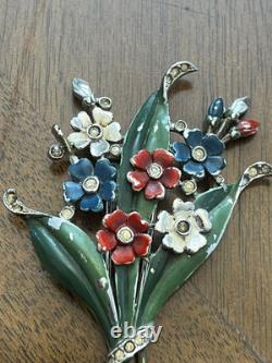 Vintage 1940's Trifari Alfred Philippe Multicolored Enamel Flower Fur Clip Nice