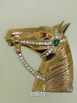 Vintage 1950's Crown Trifari Alfred Philippe Gold Tone Rhinestone Horsehead Pin