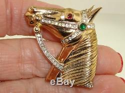 Vintage 1950's Crown Trifari Alfred Philippe Gold Tone Rhinestone Horsehead Pin