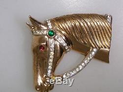 Vintage 1950's Crown Trifari Alfred Philippe Gold Tone Rhinestone Horsehead Pin